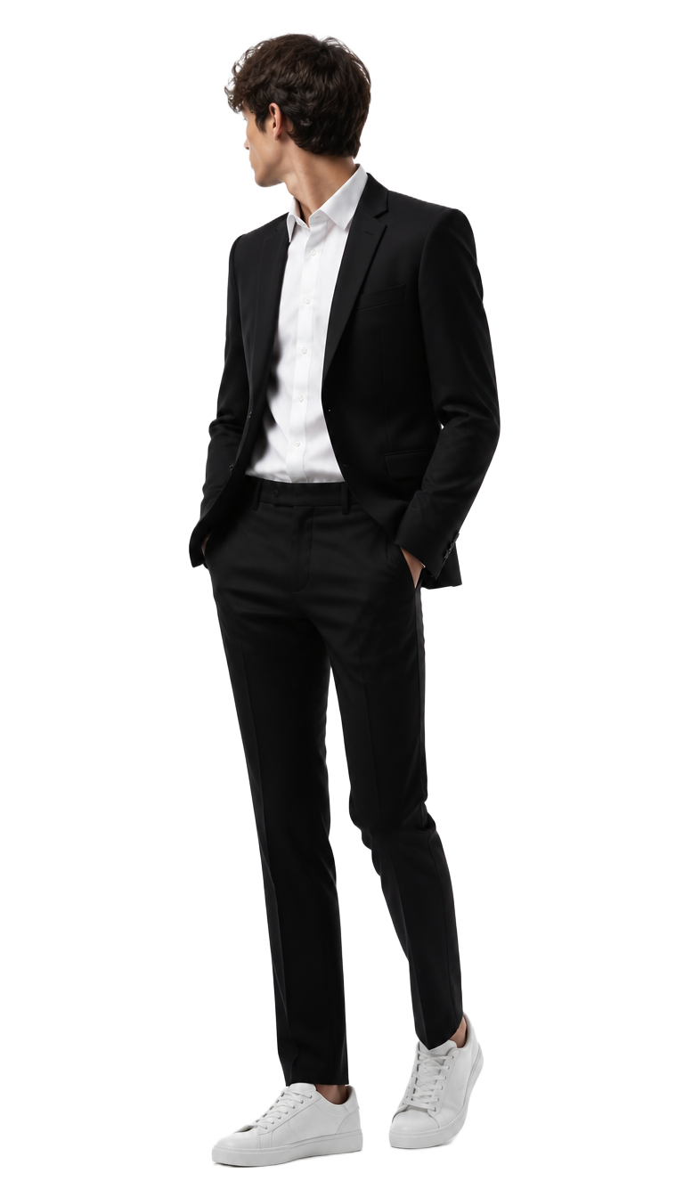 Caballero con traje negro y tenis blancos